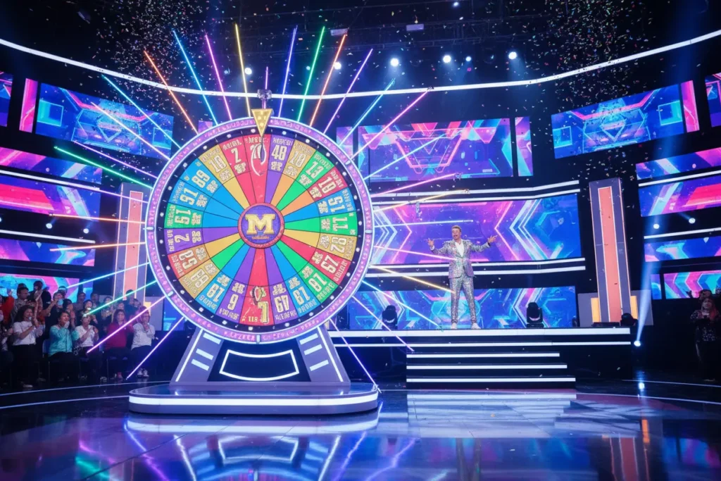 Live casino game show med färgglatt lyckohjul och programledare