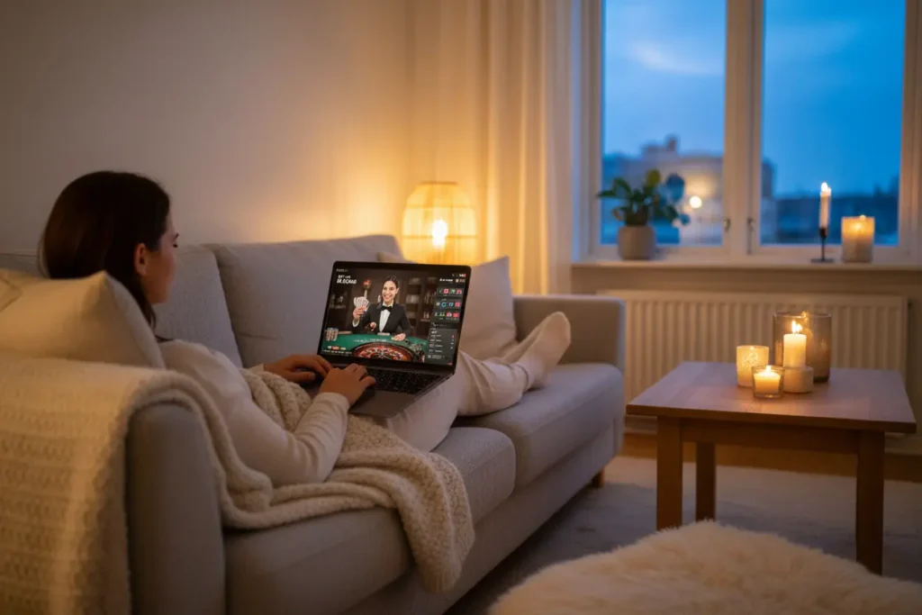 Person som spelar live casino på laptop hemma med dealer på skärmen