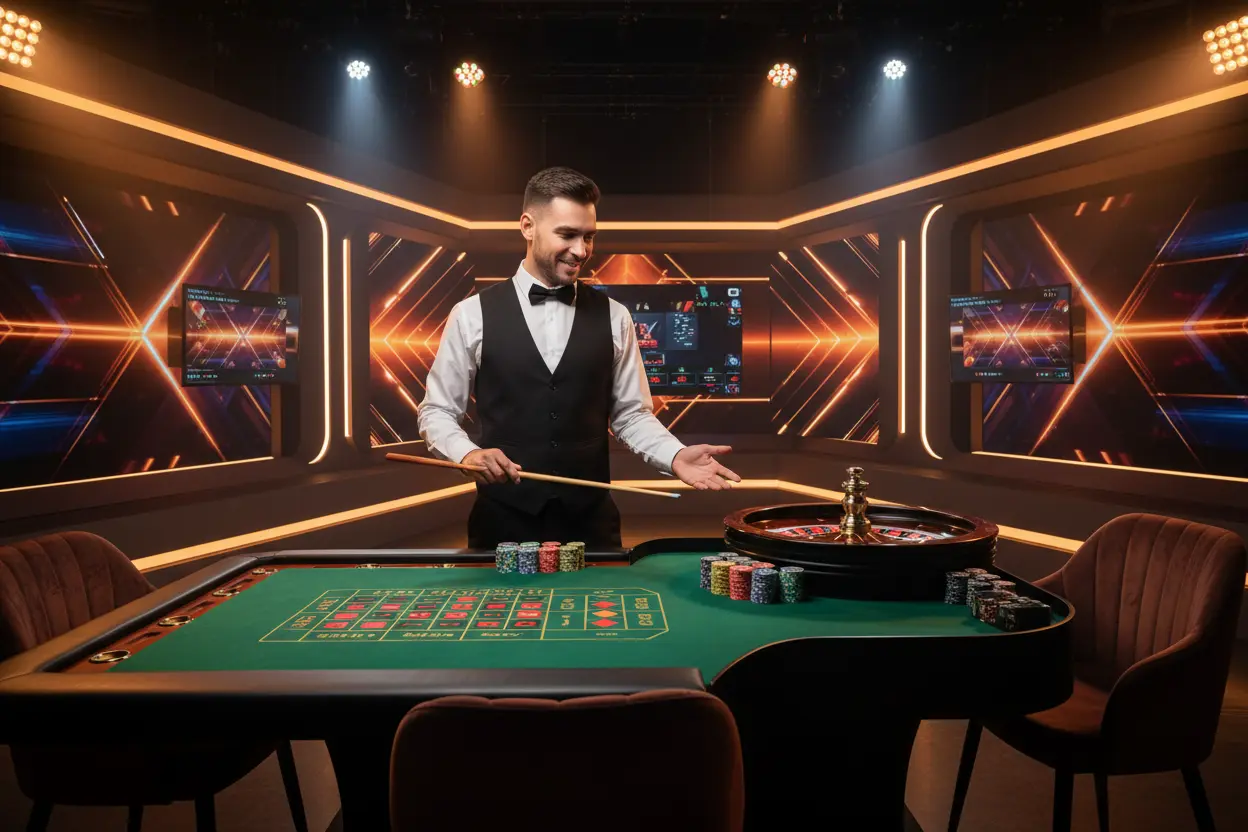 Live casino dealer vid roulettebord i professionell studiomiljö