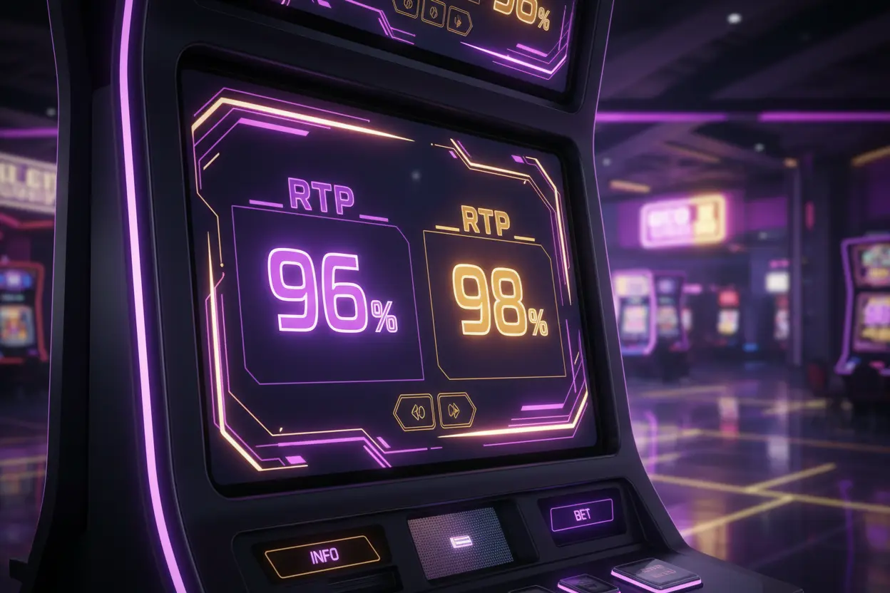 RTP slots guide som visar återbetalningsprocent på spelautomater med 96% och 98% display