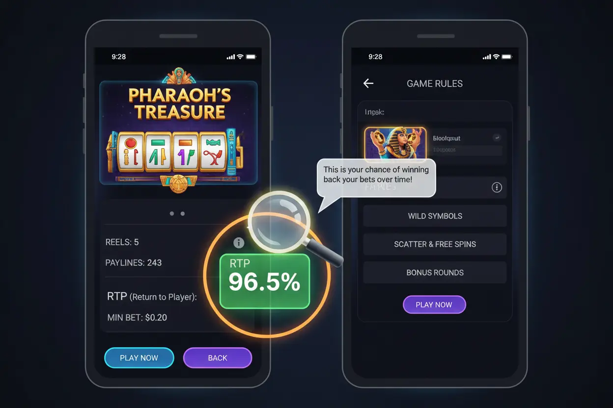 Slot spelinfo panel som visar var man hittar RTP återbetalningsprocent i spelreglerna