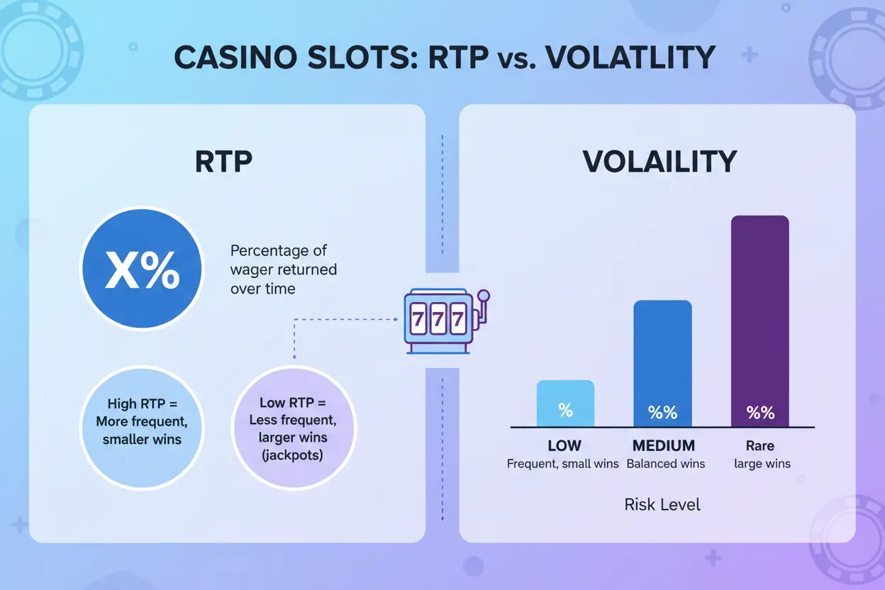 Infografik som jämför RTP och volatilitet på slots med låg medium och hög volatilitetsnivåer