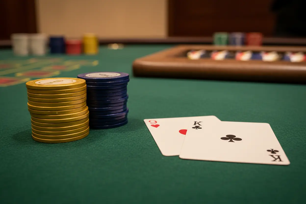 Baccarat casino 2026 – en vinnande baccarat-hand med nio poäng på grön filt med casinomarker