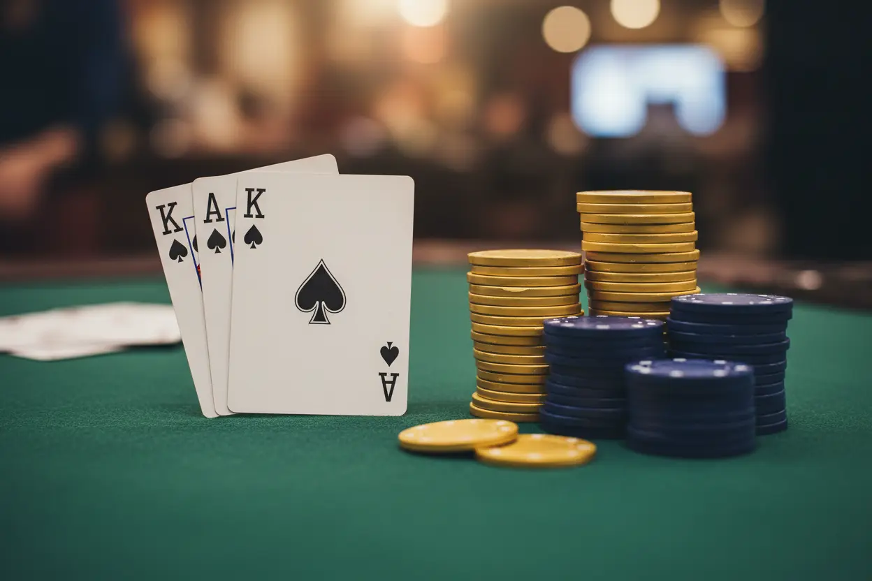 Blackjack casino 2026 – en vinnande blackjack-hand med ess och kung på grön filt med casinomarker