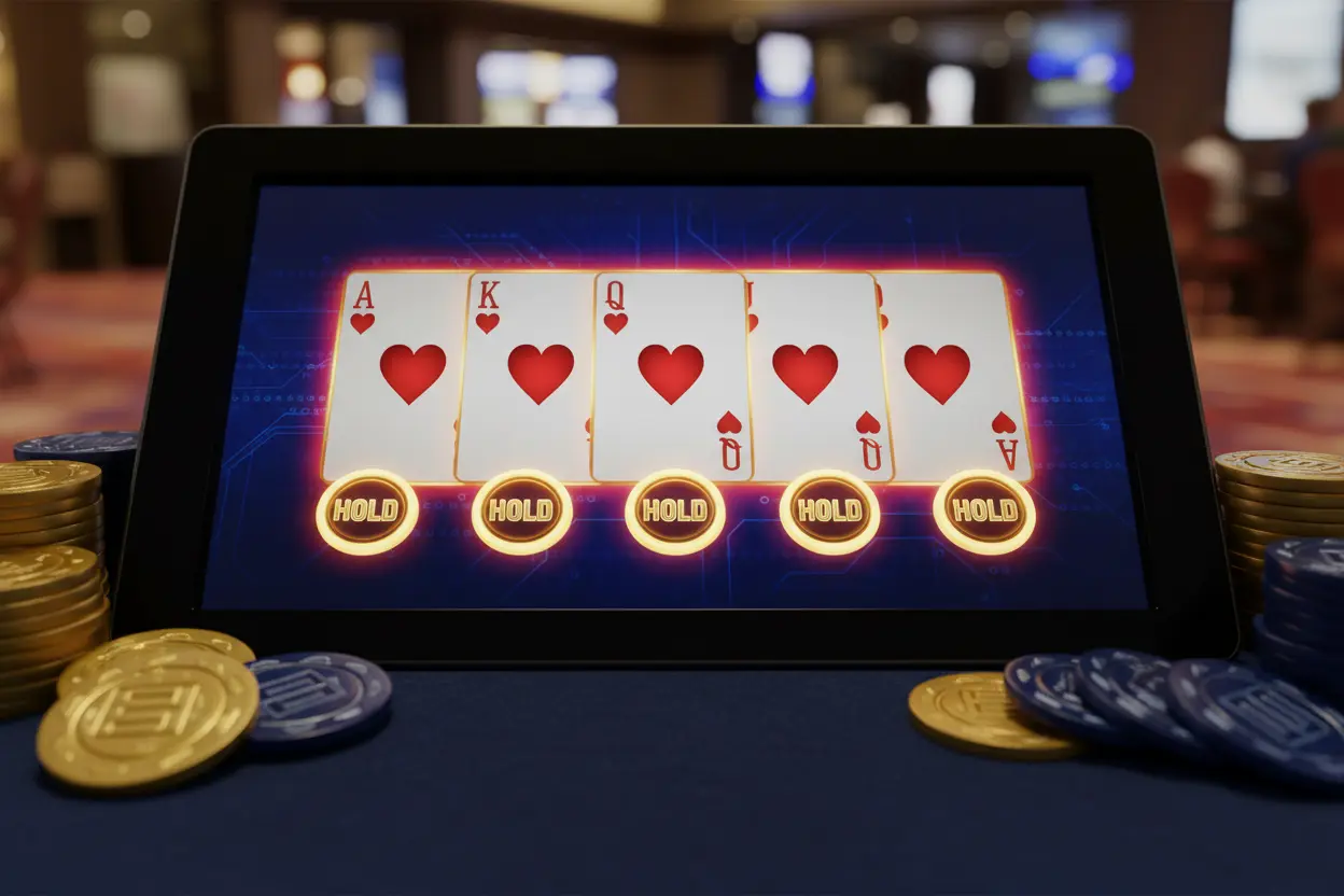 Video poker 2026 – en vinnande royal flush på en video poker-skärm med casinomarker