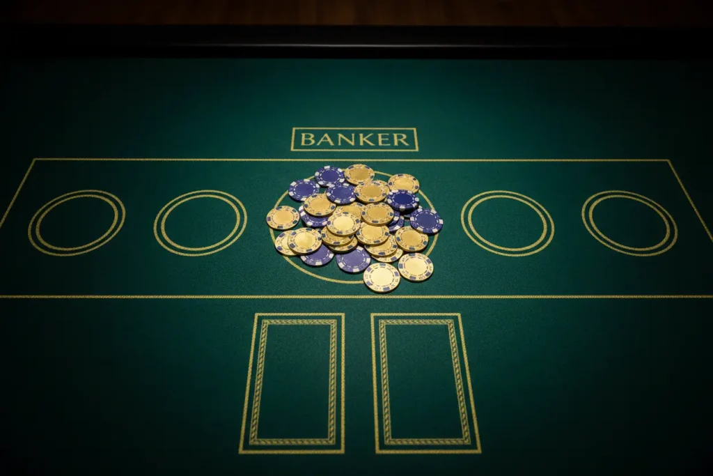 Baccarat-bord med marker på Banker-satsningen – Player, Banker och Tie
