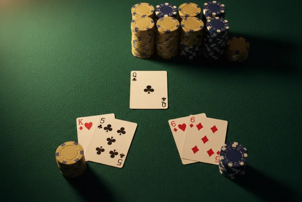 Blackjack-bord med spelarens kort och dealerns öppna kort – beslut enligt grundstrategi