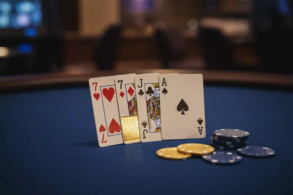 Video poker-hand med fem kort där tre kort behålls – strategi i video poker