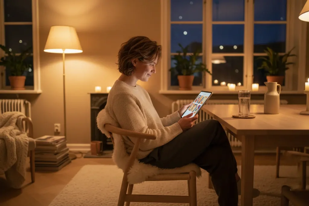 Person som spelar baccarat på surfplatta på ett ansvarsfullt sätt hemma