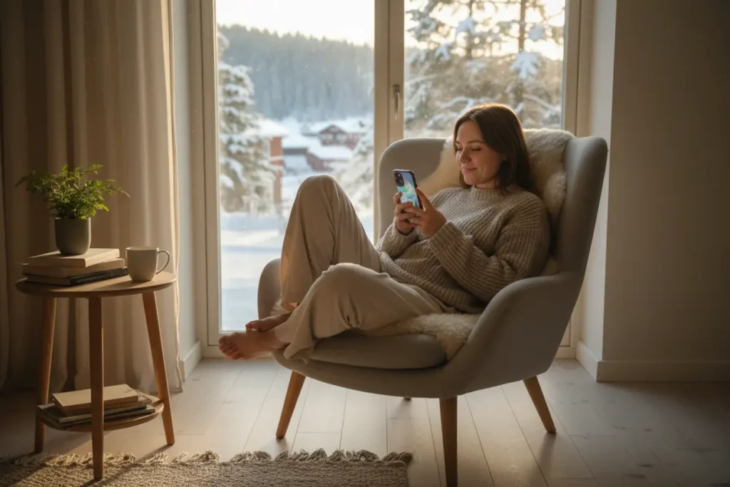 Person som spelar slots online på mobilen på ett ansvarsfullt sätt hemma