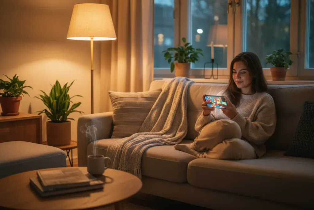 Person som spelar Crazy Time på mobilen på ett ansvarsfullt sätt hemma
