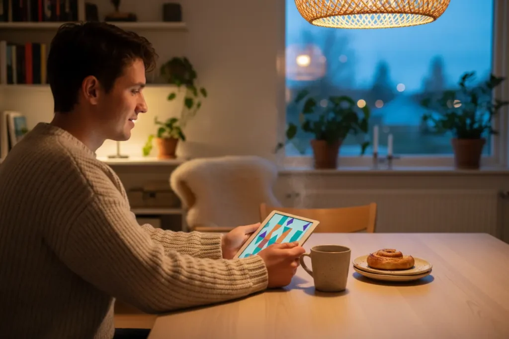 Person som spelar Monopoly Live på surfplatta på ett ansvarsfullt sätt hemma