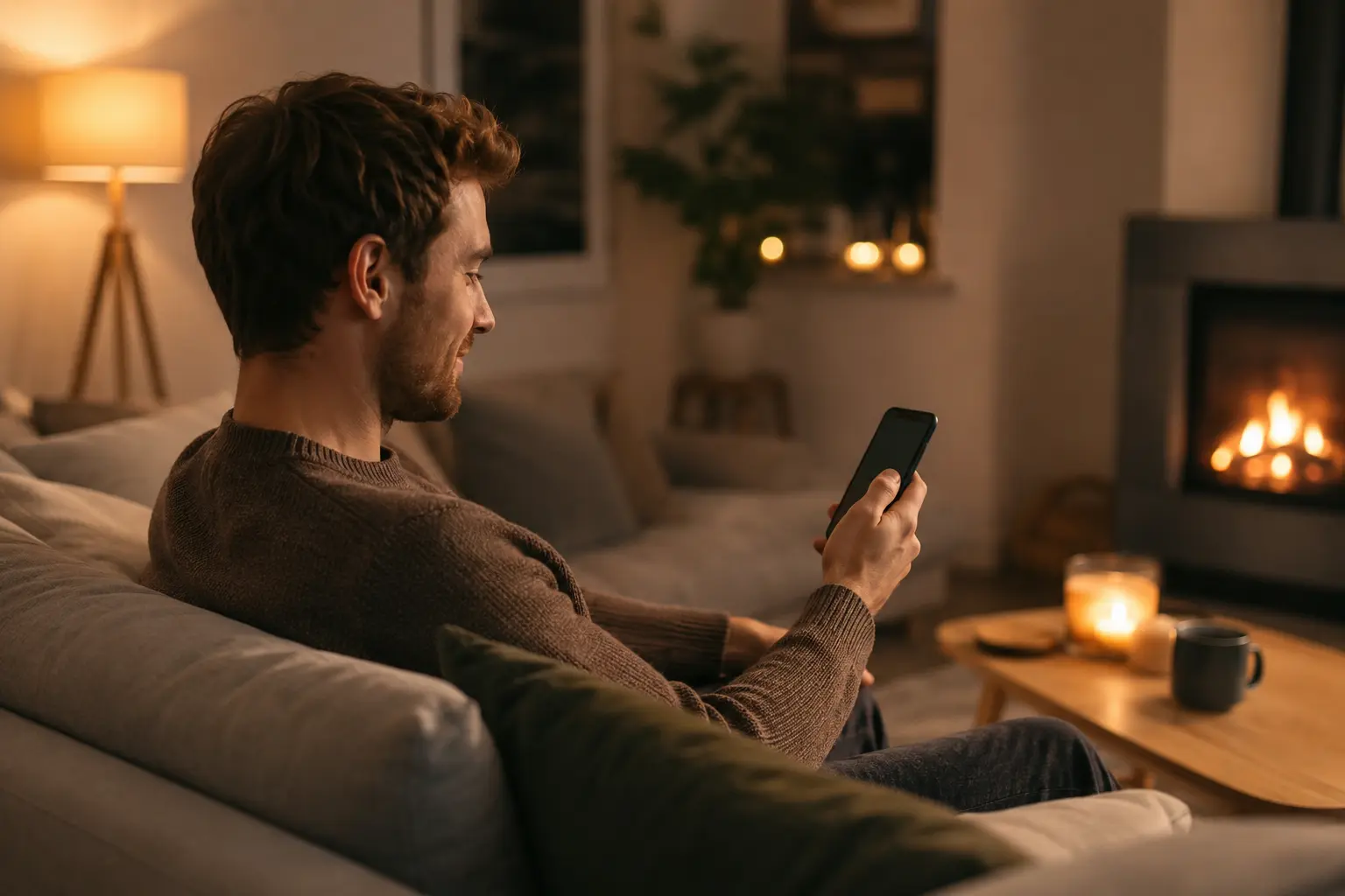 Person som spelar mobilcasino tryggt och ansvarsfullt hemma i soffan på mobilen