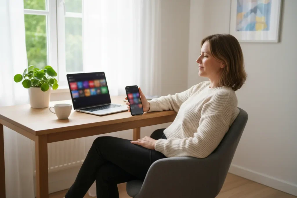 Person som spelar casinospel ansvarsfullt på laptop och mobil hemma